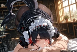 1boy 1girl ai_assisted ai_generated ass bangs black_hair black_legwear blush bookshelf breasts cum cum_on_body cum_on_upper_body curvaceous curvy curvy_female curvy_figure earrings ellen_joe eyebrows_visible_through_hair facial fellatio female frills hetero indoors jewelry large_breasts looking_at_viewer maid maid_headdress miyuai oral pantyhose penis pov puffy_short_sleeves puffy_sleeves red_eyes short_hair short_sleeves smile thick thick_ass thick_butt thick_hips thick_legs thick_thighs voluptuous voluptuous_female wide_hips wide_thighs window zenless_zone_zero