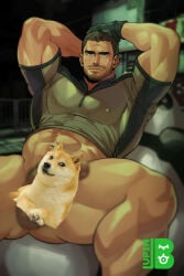 1boy abs arms_up artist_logo artist_name ass bara beard biceps black_gloves black_hair censored cheemsburger_(doge) chris_redfield closed_mouth covered_nipples doge english_commentary facial_hair gay_male gloves green_shirt highres logo looking_at_viewer lupin_barnabi male_focus male_only muscular muscular_male no_pants penis penis_peek resident_evil resident_evil_5 resident_evil_6 shirt smile testicle_peek testicles