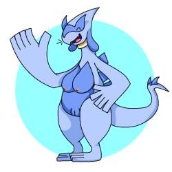 aliasing anthro big_breasts biped blue_ears blue_spikes blue_tail blue_vulva breasts clitoris collar digital_drawing_(artwork) digital_media_(artwork) female generation_2_pokemon genitals hi_res legendary_pokemon lugia multicolored_body nintendo nipples pink_nipples pokemon pokemon_(species) rhenny_(rhenaudthelukark) smile solo spiked_tail spikes spikes_(anatomy) tail trooper3 two_tone_body two_tone_tail vulva yellow_collar