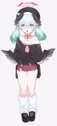 1girl absurdres beret black_shirt black_wings blue_archive blue_eyes blush commentary cosplay densetsu.exe fake_halo feathered_wings full_body halo hat head_wings highres kneehighs koharu_(blue_archive) koharu_(blue_archive)_(cosplay) loose_socks low_wings miniskirt mint_fantome mirumiruchan neckerchief open_mouth pink_neckerchief pleated_skirt sailor_collar shirt shoes simple_background skirt socks solo standing twintails virtual_youtuber white_background wings