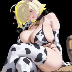 ai_assisted ai_generated blonde_hair cow_bell cow_bikini cow_ears cow_horns cow_print cow_print_bikini cow_print_gloves cow_print_thighhighs elegg_(nikke) goddess_of_victory:_nikke huge_ass huge_breasts huge_nipples kao140522 purple_hair wide_hips wide_thighs