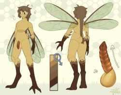 3_fingers 3_toes anthro arthropod balls bralinine brown_hair clothing digitigrade erection exoskeleton feet fingers footwear genitals hair hexagon_background hi_res joints male model_sheet palette penis ponytail smile socks solo toes translucent translucent_wings urethra wings yellow_body