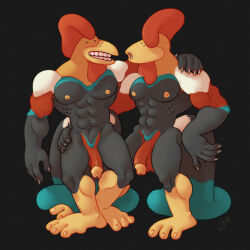abs anthro athletic avian avian_feet beak bird chicken claws duo feathers feet galliform genitals glans hi_res hug long_tail male muscular muscular_male nipples pecs penis phasianid ravuer red_penis simple_background tail yellow_beak yellow_feet yellow_glans yellow_nipples
