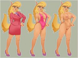 2017 2d anthro areola ass blonde_hair breasts callie_briggs clothed clothing eyewear feline female fluffy fluffy_tail footwear glasses green_eyes grey_background hair hand_behind_back hand_on_hip high_heels long_hair looking_at_viewer mammal masak9 mostly_nude multiple_versions multiple_versions_in_one_image naked_footwear naked_heels navel necktie nude office_lady open_mouth pussy shoes simple_background solo standing suit swat_kats swimsuit