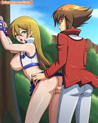 1boy against_tree alexis_rhodes alexis_rhodes_(arc-v) arched_back background big_breasts blonde_hair brown_eyes brown_hair clothed_sex clothing doggy_style female from_behind from_behind_position gloves jaden_yuki looking_back male no_panties open_mouth open_shirt patreon penis reit sex skirt skirt_around_belly skirt_lift vaginal_penetration yu-gi-oh!