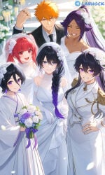 1boy 5girls ai_generated apron bambietta_basterbine black_hair bleach cooking dokugamine_riruka harem harem_outfit ichigo_kurosaki kuchiki_rukia kurotsuchi_nemu lanr0 limousine naked pajamas purple_hair quincy_(bleach) red_hair shihouin_yoruichi sleeping wedding_dress wedding_ring