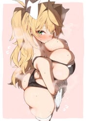 1girl ass bare_shoulders black_bra black_panties blonde_hair blush bra breasts butt_crack childhood_friend childhood_friend_(kz_oji) cleavage collarbone commentary_request curvy green_eyes hair_intakes hair_ribbon highres huge_breasts kz_oji long_hair looking_at_viewer original panties ribbon solo thick_thighs thighhighs thighs twintails underwear white_thighhighs