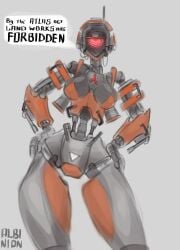 albinion android armor ass bodysuit cleavage curvy english_text female futuristic glowing_eyes hands_on_hips hips hourglass_figure large_breasts mech mecha_musume mechanical_eyes military no_man's_sky red_eyes robot robot_girl sentinel_(no_man's_sky) solo speech_bubble standing text thicc thick_thighs wide_hips