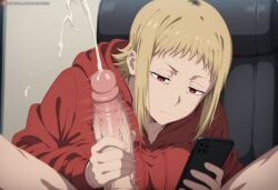 1girl absurd_res absurdres ai_generated blonde blonde_female blonde_hair blush blushing bored casual_handjob chainsaw_man clothed clothing cum cumming erect_penis expressionless eyelashes female female_focus handjob hentai hetero heterosexual hi_res high_quality high_resolution highres horny looking_away pervert phone pleasure_face pleasured red_eyes red_sweater sawahebi sawatari_akane seductive seductive_look seductive_pose trembling voluptuous voluptuous_female white_body