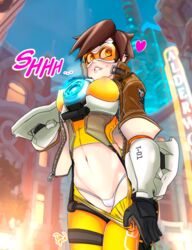 1girls areolae bikini breasts cameltoe chronal_accelerator dragunheck erect_nipples erect_nipples_under_clothes exhibitionism female female_only flashing heart large_breasts nipples nipples_visible_through_clothing overwatch panties pants_down skimpy solo tagme text tight_clothing tracer