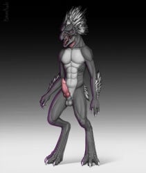 3_fingers 3_toes abs alien animal_genitalia animal_penis anthro arm_feathers arm_tuft avian balls barakkuda beak blue_eyes colored digitigrade erection feather_hair feathered_crest feathers feet fingers genitals gradient_background grey_body grey_scales halo_(series) head_crest hi_res kig-yar knot knotted_penis male microsoft muscular muscular_anthro muscular_male non-mammal_balls open_mouth penis pseudo_hair pupils scales scalie scuted_feet scuted_hands scutes simple_background slit_pupils solo standing t'vaoan tail tail_feathers toes tongue tuft white_body white_feathers xbox_game_studios