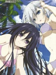 armpits ass_length_hair beach bikini_bottom bikini_top bikinis bikiniswimsuit blue_hairclip blue_sky date_a_live hair_between_eyes hair_over_one_eye hairclip medium_breasts palm_trees pink_bikini purple_hair pussy reddit shoulder_length_hair thin_female tobiichi_origami tohka white_bikini white_clouds white_hair yatogami yatogami_tohka