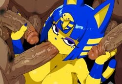 1girl 5boys ai_generated animal_crossing ankha_(animal_crossing) blue_eyes blue_eyeshadow blue_hair blue_nails cat_ears cat_tail catgirl cleavage completely_nude fellatio female_anthro gangbang half-closed_eyes handjob huge huge_breasts looking_at_viewer male_pubic_hair naidoru naked_female nude_female nude_male penis short_hair surrounded_by_penises sweat yellow_skin