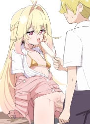 1boy 1girl antenna_hair ass bar_censor blonde_hair bottomless breasts censored clothes_down commentary_request cure_arcana_shadow donutman food gold_bra hair_intakes highres holding holding_food holding_popsicle jacket meitantei_precure! moria_luluka mosaic_censoring open_clothes pink_jacket popsicle precure purple_eyes pussy saliva saliva_trail sex shirt sidelocks small_breasts t-shirt table tongue tongue_out vaginal