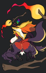 anthro anus bedroom_eyes big_breasts big_butt black_background breasts broom butt canid canine cheek_tuft claws cleaning_tool delphox elemental_manipulation facial_tuft fangs female fire fire_manipulation fluffy fluffy_ears fluffy_tail fox generation_6_pokemon generation_9_pokemon genitals hand_on_butt hand_on_leg hand_on_thigh heart_symbol hi_res humanoid inviting lips mammal mature_female mega_delphox mega_evolution narrowed_eyes nintendo pawpads paws poisonfang pokemon pokemon_(species) pubes rim_light seductive simple_background sitting sitting_on_ground smile smiling_at_viewer solo tail teeth toe_claws tuft vulva warm yellow_body