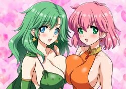 2girls big_breasts blue_eyes breasts breasts_out breasts_squeezed_together exposed_breasts female female_only final_fantasy final_fantasy_iv final_fantasy_v green_eyes green_hair large_breasts lenna_charlotte_tycoon long_hair multiple_girls pink_hair rydia short_hair sideboob yuuyuu_(3jjbn)