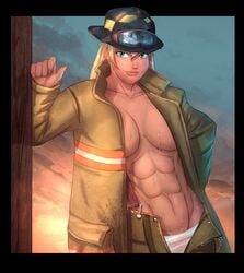 1girls abs applejack_(mlp) blonde_hair breasts clothed clothing david_delanty doorway eve-ashgrove female female_only firefighter friendship_is_magic green_eyes humanized looking_at_viewer muscles muscular_female my_little_pony navel no_bra panties smile solo straight_hair suspenders sweat underboob underwear wet