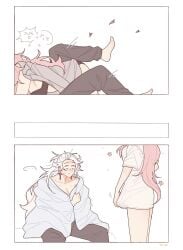 bed bedroom bedroom_sex bite bite_mark bite_marks blush blushing boobs breasts cleavage clothed clothes clothing elysia_(honkai_impact) honkai_(series) honkai_impact_3rd hoyoverse implied_sex kiana_kaslana long_hair no_panties no_pants pink_hair riejiu suggestive thighs tits white_hair yuri