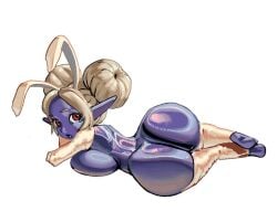 1girls big_ass blonde_hair blue_skin female league_of_legends lying_on_side oppmann poppy reverse_bunnysuit shortstack