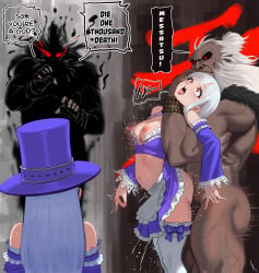 1boy 1boy1girl 1girl akuma bare_midriff breast_grab breasts breasts_out comic_panel comic_strip cum cum_inside erect_nipples fanart gouki hwanker ingrid_(capcom) long_hair long_sleeves medium_breasts midnight_bliss navel nipple_slip penetration red_eyes saliva saliva_trail sex sex_from_behind strangling street_fighter street_fighter_6 sweat sweatdrop tongue_out top_hat white_hair