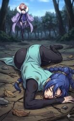 2girls ai_generated ass ass_focus big_boobs big_breasts blood_in_mouth blue_hair butt butt_focus closed_eyes damaged damsel_in_distress defeated defeated_heroine fat_ass female female_focus female_only forest gemini injured injury knocked_out manjusaka_(scissor_seven) passed_out red_eyes red_hair scissor_seven sleeping thick_ass thick_thighs thigh_highs thighhighs thirteen_(scissor_seven) tied_hair unconscious unconscious_female