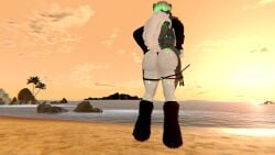 anthro beach big_ass bikini dog_ears dog_girl dog_tail fluffy_tail from_behind furry green_tattoo looking_away_from_viewer sunset vrchat