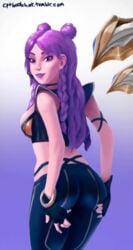 1girls alternate_costume animated ass bare_shoulders bubble_butt busty butt cleavage cptboobhat female from_behind gif hourglass_figure idol jiggle k/da_kai'sa k/da_series kai'sa large_breasts league_of_legends leggings lipstick looking_at_viewer pinup pose posing purple_hair sideboob spread_ass