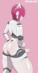 5_fingers butt eyeless fingers genitals hi_res humanoid machine male penis robot robot_humanoid robot_neoanthropinae_polynian shamrock_(polynian) simple_background smile smiling_at_viewer solo standing vexyfursure white_body
