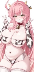 1girl absurdres ahoge animal_ears animal_print bak_wha21 bare_shoulders bell bikini blue_archive blush braid breast_tattoo breasts choker cleavage closed_mouth collarbone commentary cow_ears cow_horns cow_print cow_print_bikini cowbell double_v ear_tag elbow_gloves eyepatch_bikini fingerless_gloves fingernails gloves green_eyes groin hair_between_eyes hair_intakes hanako_(blue_archive) highres horns huge_breasts long_hair looking_at_viewer name_tag navel neck_bell pink_hair print_bikini red_choker simple_background smile solo stomach sweat swimsuit tattoo thighhighs thighs v white_background white_bikini white_gloves white_thighhighs