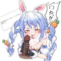 1boy 1girl after_fellatio animal_ear_fluff animal_ears bar_censor black_gloves blue_hair blush braid braided_twintails breasts buranka carrot_hair_ornament censored commentary_request cropped_torso cum cum_on_body dark-skinned_male dark_skin detached_sleeves don-chan_(usada_pekora) facial facing_viewer food-themed_hair_ornament fur-trimmed_gloves fur_trim gloves hair_ornament highres hololive hololive_fantasy hololive_japan interracial leotard leotard_pull light-skinned_female light_skin long_hair nipples open_mouth paid_reward_available penis pov rabbit_ears rabbit_girl request_inset small_breasts speech_bubble teeth translation_request upper_teeth_only usada_pekora usada_pekora_(1st_costume) virtual_youtuber
