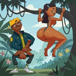 1boy 1boy1girl 1girls ass big_ass damien_(tdi) dark-skinned_male female interracial jungle light-skinned_female male male/female penis priya_(tdi) slingshot_swimsuit total_drama_(series) total_drama_island total_drama_island_(2023) tree vanilladream34