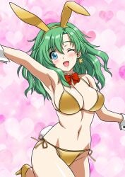 1girls armpits big_breasts bikini breasts breasts_out exposed_breasts female final_fantasy final_fantasy_iv golden_bikini green_eyes green_hair large_breasts long_hair one_eye_closed rydia wink winking_at_viewer yuuyuu_(3jjbn)