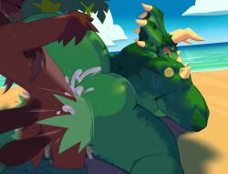 2boys anal_sex anthro anthro_on_anthro ass back_view beach butt cum cum_in_ass cum_inside dinosaur from_behind_position fur furry gay horns male male/male male_only muscular muscular_male nude outside penetration presenting public sex spedumon