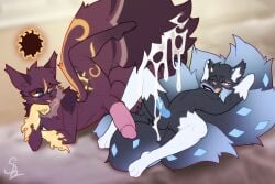 9_tails anthro attribute_theft balls big_penis big_tail bodily_fluids cum cum_drip dripping duo generation_1_pokemon generation_8_pokemon genital_fluids genitals hi_res male male/male multi_tail nariikhan nickit ninetales nintendo nude penis pokemon pokemon_(species) sex size_theft tail tail_around_penis tail_fetish tail_play tail_sex tailjob tongue tongue_out