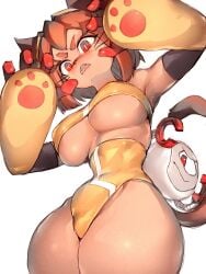 armpits brown_hair catgirl dark_skin fumio_(rsqkr) gameoverse kaboodle_(gameoverse) kit_(gameoverse) kit_bodega large_breasts looking_at_viewer looking_down red_eyes short_hair simple_background thick_thighs underboob white_background