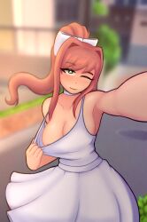 2d 2d_(artwork) armpits coy_doy doki_doki_literature_club dress exposing_breasts green_eyes monika_(doki_doki_literature_club) nipple_slip selfie selfie_pose sundress white_dress