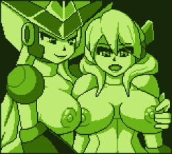 2girls alia berkana big_breasts blackhook blonde_hair breasts_on_breasts completely_naked completely_naked_female completely_nude completely_nude_female game_boy grabbing_breasts grabbing_nipples hand_on_pussy hat long_hair mega_man mega_man_x naked naked_female nude nude_female open_mouth robot_girl smile white_gloves witch_hat