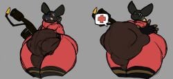 abdominal_bulge alien almost_fully_inside ambiguous_gender ambiguous_prey anthro anthro_pred anthro_prey balls_outline belly big_belly big_butt black_sclera bodysuit bulge butt clothed clothed_anthro clothed_male clothing detailed_bulge digital_drawing_(artwork) digital_media_(artwork) duo erection fire flamethrower gas_mask genital_outline gloves handwear hi_res holding_object holding_weapon huge_belly kanida kanida_(kanida) latex latex_clothing latex_gloves latex_handwear latex_skinsuit looking_at_viewer male male_pred mask neck_bulge open_mouth oral_vore penis_outline pyro_(team_fortress_2) ranged_weapon reaching_towards_viewer red_latex skinsuit speech_bubble squirming struggling struggling_prey swallowing team_fortress_2 tenting thick_thighs tight_clothing valve vore weapon white_eyes wide_hips