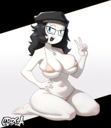 beanie bikini black_hair blue_eyes cleavage ecolialust feet female female_only glasses large_breasts looking_to_the_side necklace peace_sign pose simple_background slim_waist smiling solo solo_female soyjak.party soytan swimwear thick_thighs
