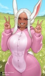 1girls ai_generated big_breasts breasts bunny_costume bunny_ears busty clothed clothed_female clothing curvy dark-skinned_female eye_contact female female_only hourglass_figure looking_at_viewer mature_female mirko miruko my_hero_academia peace_sign rabbit_ears rabbit_girl rumi_usagiyama self_upload sleen smile smiling smiling_at_viewer solo solo_female wide_hips