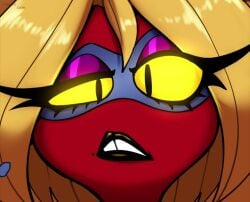 1girls areola_slip areolae belly_button_piercing belt belt_buckle big_breasts black_screen_roulette blonde_hair bouncing_breasts breasts cleavage cosplay demon demon_girl demon_horns demon_tail erect_nipples erect_nipples_under_clothes eye_mask eyelashes female female_focus female_only glistening glistening_body glistening_breasts glistening_skin helluva_boss huge_breasts hyper hyper_breasts imp large_breasts lips long_hair looking_at_viewer mask masked_female massive_breasts millie_(helluva_boss) nami955 navel_piercing nipple_bulge nipples purple_eyeshadow red_skin sharkbubble shiny_breasts shiny_skin sound stripperella tagme top_heavy video voice_acted wide_hips yellow_hair yellow_sclera