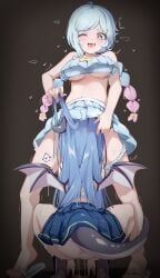 2girls :3 absurdres ass black_background blue_eyes blue_hair blue_panties blue_skirt breasts commentary cunnilingus dragon_girl dragon_horns dragon_tail dragon_wings drooling english_commentary flip-flops grabbing_another's_hair gradient_hair hair_ornament hairclip heart highres holding_another's_hair holding_another's_horns horns long_hair mawe mawe127 multicolored_hair multiple_girls naia_(trickcal) navel official_alternate_costume one_eye_closed open_mouth oral panties panties_around_one_leg pink_hair pleated_skirt pussy_juice pussy_juice_drip_through_clothes pussy_juice_puddle saliva sandals school_uniform scrunchie shoes silphir_(trickcal) skirt smile squatting standing standing_cunnilingus stomach sweat tail tail_wrap tongue trembling trickcal trickcal_re:vive underboob underwear uwabaki white_panties wings wrist_scrunchie yuri