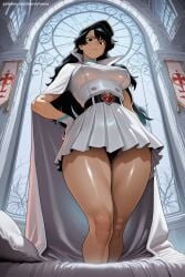 1girl ai_generated bambietta_basterbine belt black_hair bleach bra breasts dark_skin dress from_below gloves hand_on_hip hi_res high_quality high_resolution large_breasts long_hair looking_at_viewer patreon savvyraexo seductive see-through sexy skirt solo thick_thighs thighs uncensored underwear watermark white_gloves
