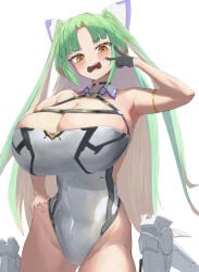 android android_girl animal_ears annoyed black_sclera blush gigantic_breasts green_hair hyper robot_girl thick_thighs two_side_up upper_teeth v very_long_hair white_pupils wide_hips yellow_eyes