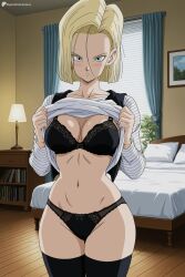 1girl ai_generated android_18 bed bedroom black_bra black_panties black_thighhighs blonde_hair blue_eyes blush bra breasts cleavage clothes_lift curtains digitalwaifugallery dragon_ball earrings hi_res high_quality high_resolution indoors jewelry lamp large_breasts lifted_by_self lingerie long_sleeves looking_at_viewer navel panties patreon seductive sexy shirt shirt_lift short_hair solo striped_shirt thighhighs uncensored underwear watermark window