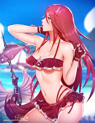 1girls arms bare_arms bare_legs bare_midriff bare_shoulders beach bikini bikini_skirt breasts cleavage cordelia_(fire_emblem) cordelia_(summer)_(fire_emblem) female female_only fire_emblem fire_emblem_awakening fire_emblem_heroes fish gloves layered_bikini legs lips long_hair looking_away midriff navel nintendo pinkladymage red_bikini red_eyes red_hair side_view solo spear swimsuit thighs underboob weapon