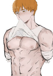 1boy amputated_arm amputated_arms amputee anime_style bandage bandaged_arm bandages bare_chest blush blushing clothes clothing color colored digital_drawing_(artwork) digital_media_(artwork) gijinka ginger_hair handy_(htf) happy_tree_friends humanized light-skinned_male light_skin looking_away male male_only missing_arm mondo_media muscles muscular muscular_male nipples orange_eyes orange_hair pale-skinned_male pale_skin shirt_in_mouth shirt_lift shirt_up short_hair sketch solo solo_male tank_top