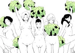 5girls anus areolae armpits ass blush breasts cheering cheerleader embarrassed embarrassed_nude_female enf female female_only halusame_ice leg_up mole naked_footwear navel nipples nude nude_female pom_poms pussy shaved_pussy smile standing sweat sweatdrop white_background