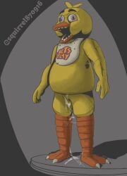 absurd_res animatronic anthro avian beak bib bird bodily_fluids chica_(fnaf) classic_chica_(fnaf) colored cum damaged digital_media_(artwork) dripping female five_nights_at_freddy's genital_fluids graveyard_shift_at_freddy's hi_res let's_play looking_away machine male messy open_mouth orange_beak purple_eyes robot scottgames scratches shaded solo spotlight squirrel870916 stage standing wet yellow_body