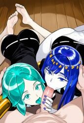 1boy 2girls 2girls1boy ai_generated ass blue_eyes blue_hair blue_nails bob_cut cooperative_fellatio feet fellatio gold_(metal) green_eyes green_hair hand_on_head hand_on_penis handjob houseki_no_kuni land_of_the_lustrous lapis_lazuli_(land_of_the_lustrous) looking_at_viewer metallic_body metallic_skin painted_nails panties phosphophyllite pov short_shorts shorts tie tongue tongue_out viewed_from_above